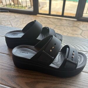 CROCS Women’s Black Dual-Strap Platform Sandals with Stud Accents